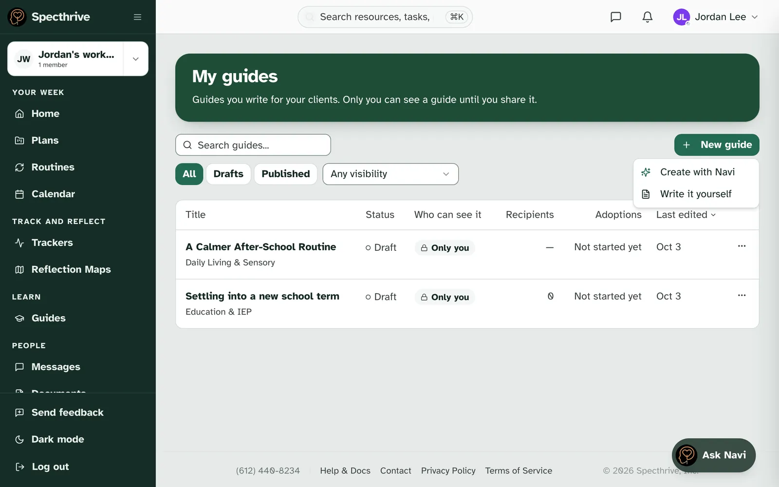 The New guide menu open, with Create with Navi and Write it yourself