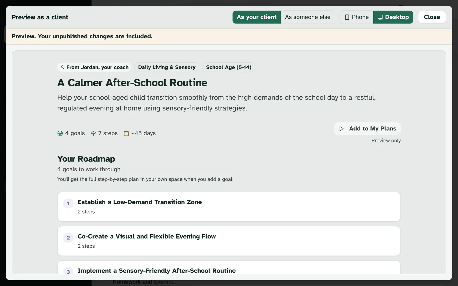 The preview as your client on a desktop, From Jordan, your coach, with 4 goals, 7 steps and about 45 days