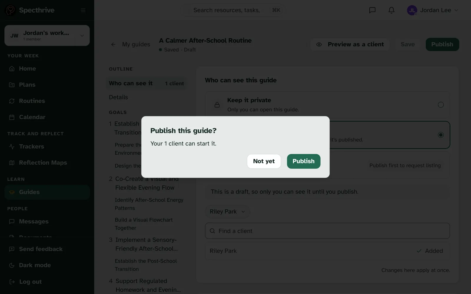 Publish this guide? Your 1 client can start it. With Not yet and Publish