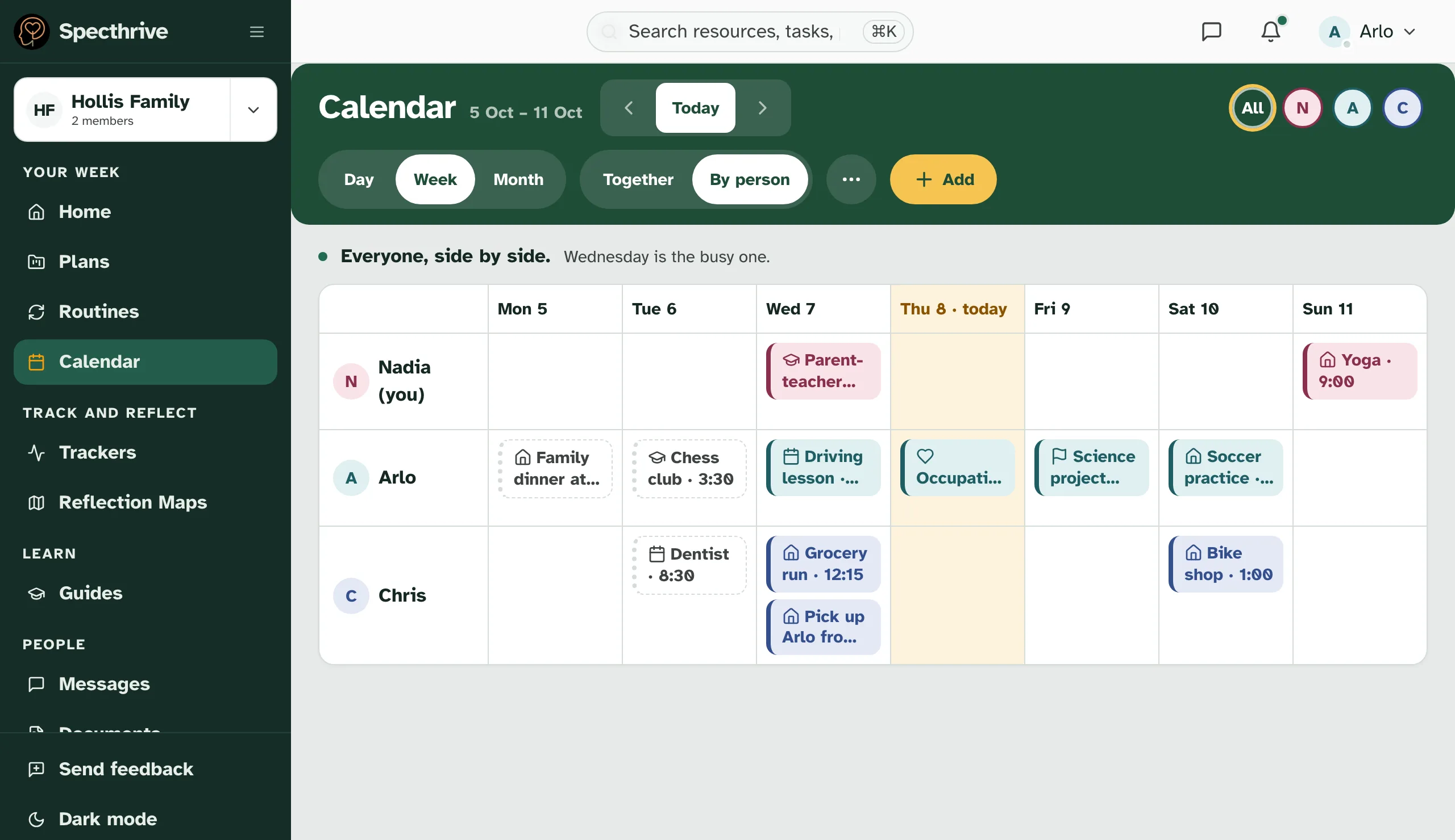 The calendar's By person week on a computer: one row for each person, each in their own colour