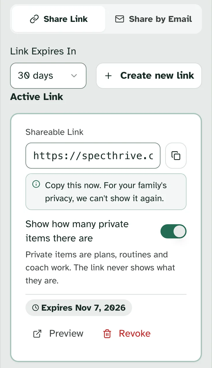 Sharing Nadia Hollis's calendar on a phone, straight after making a link: Link expires in 30 days. Copy this now. For your family's privacy, we can't show it again. A switch, turned on: Show how many private items there are. Private items are plans, routines and coach work. The link never shows what they are. Below, the date the link expires, with Preview and Revoke