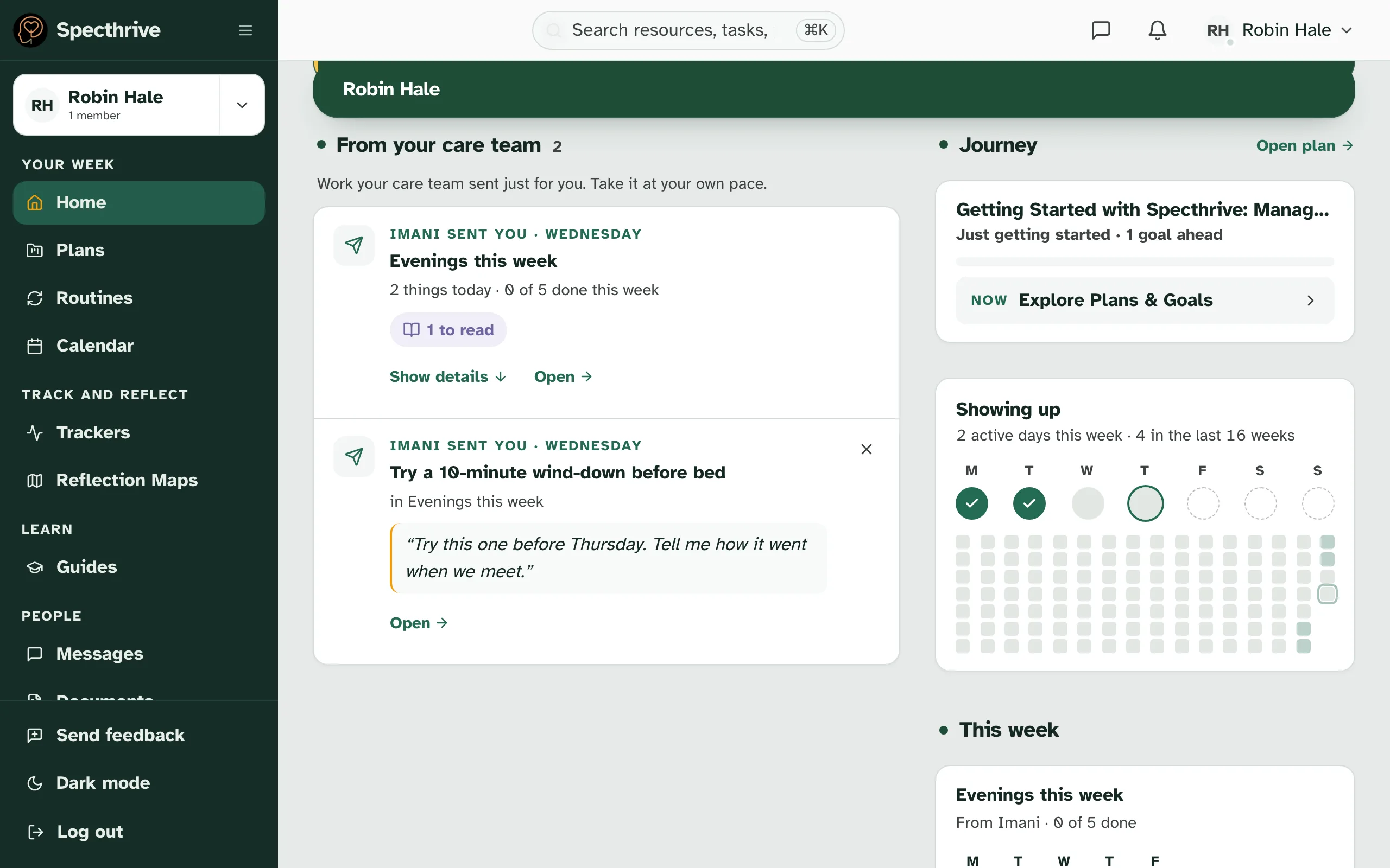 Robin Hale's Home on a computer: Imani sent you, Wednesday. Try a 10-minute wind-down before bed, in Evenings this week, with Imani's note and an Open link
