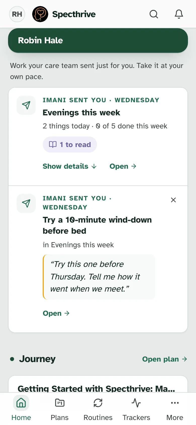 Robin Hale's Home on a phone: Imani sent you, Wednesday. Try a 10-minute wind-down before bed, in Evenings this week, with Imani's note and an Open link