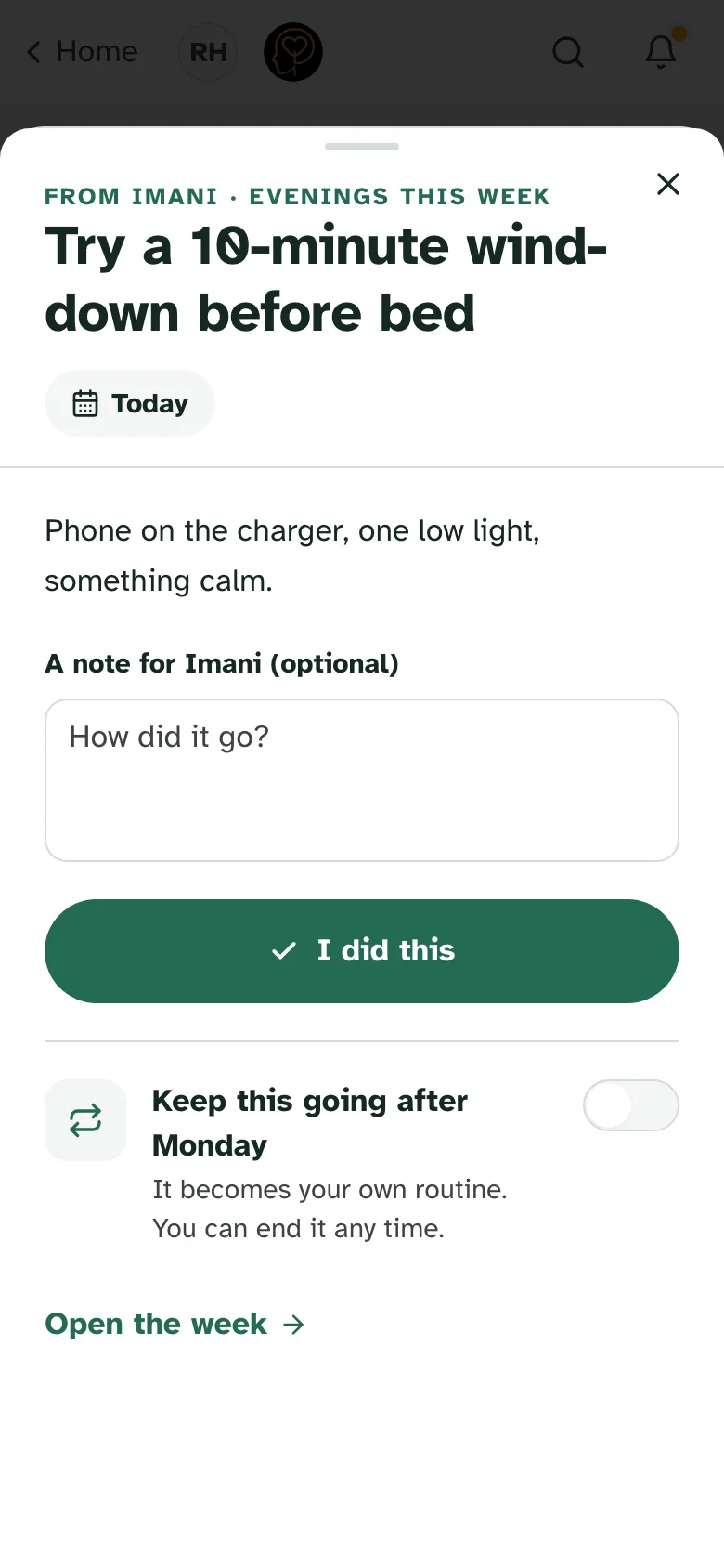 On Robin Hale's phone, under a step from Imani: an optional note back to Imani, I did this, and a switch to keep it going after Monday: it becomes your own routine, and you can end it any time