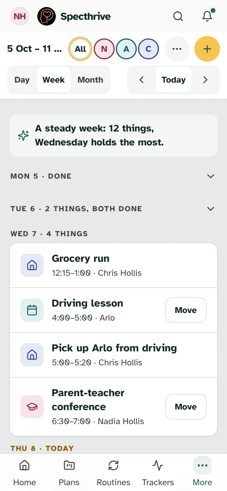 The week on a phone as one list. Each person's things carry their colour, and one line sums up the week