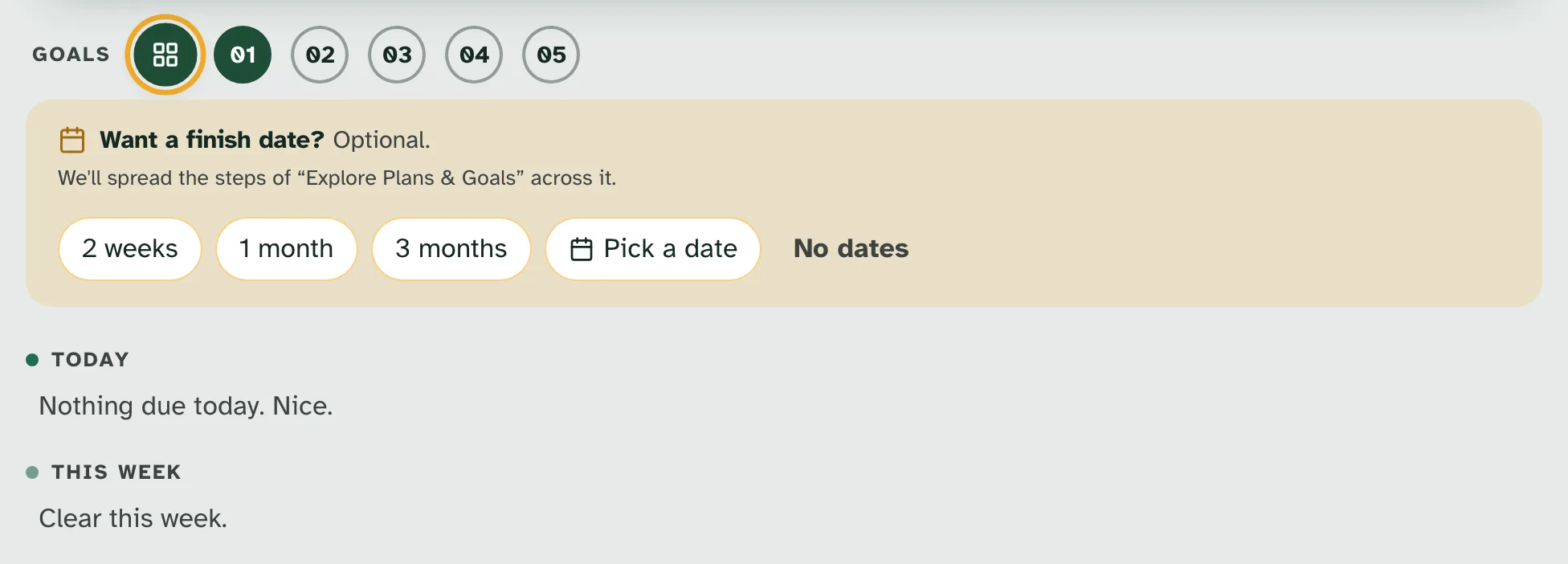 A plan started from a guide, on a computer. Goals 01 to 05, with 01 started. Want a finish date? Optional. We'll spread the steps of "Explore Plans & Goals" across it. 2 weeks, 1 month, 3 months, Pick a date, No dates. Today: Nothing due today. Nice. This week: Clear this week.