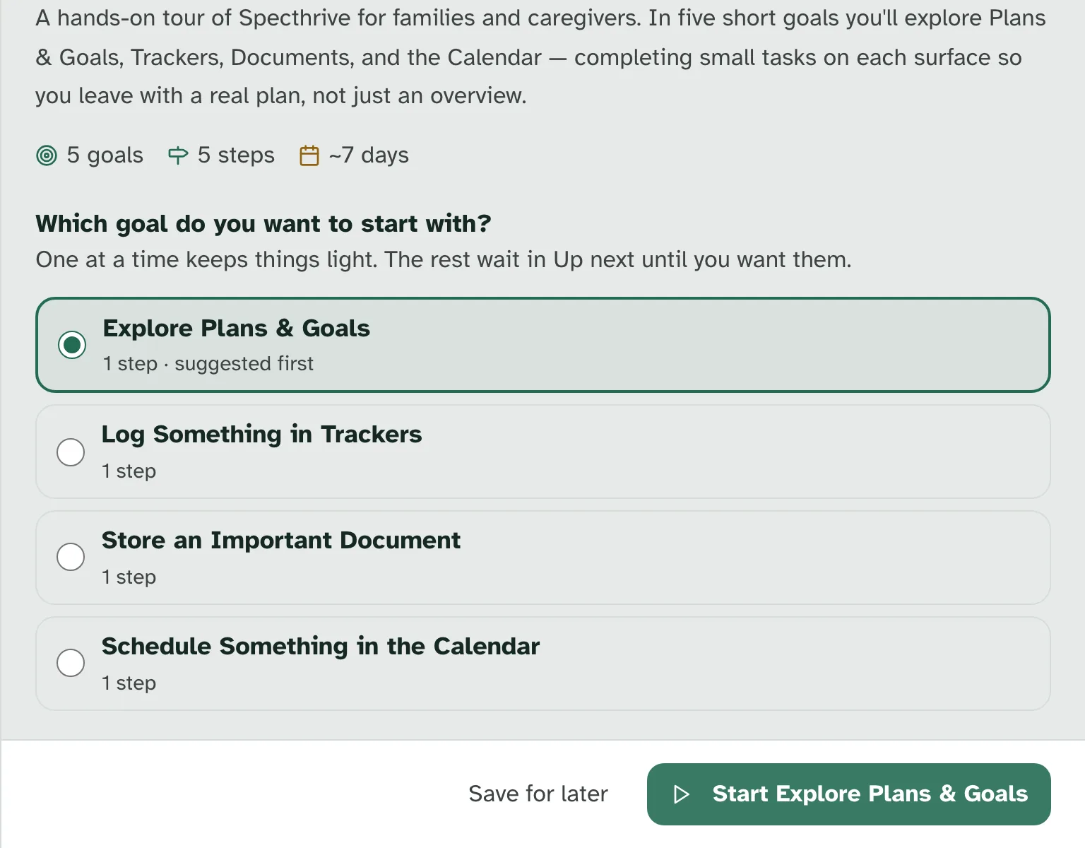 Adding the Getting Started guide on a computer: Which goal do you want to start with? Four goals to choose from, with Explore Plans & Goals chosen, suggested first, above Save for later and Start Explore Plans & Goals