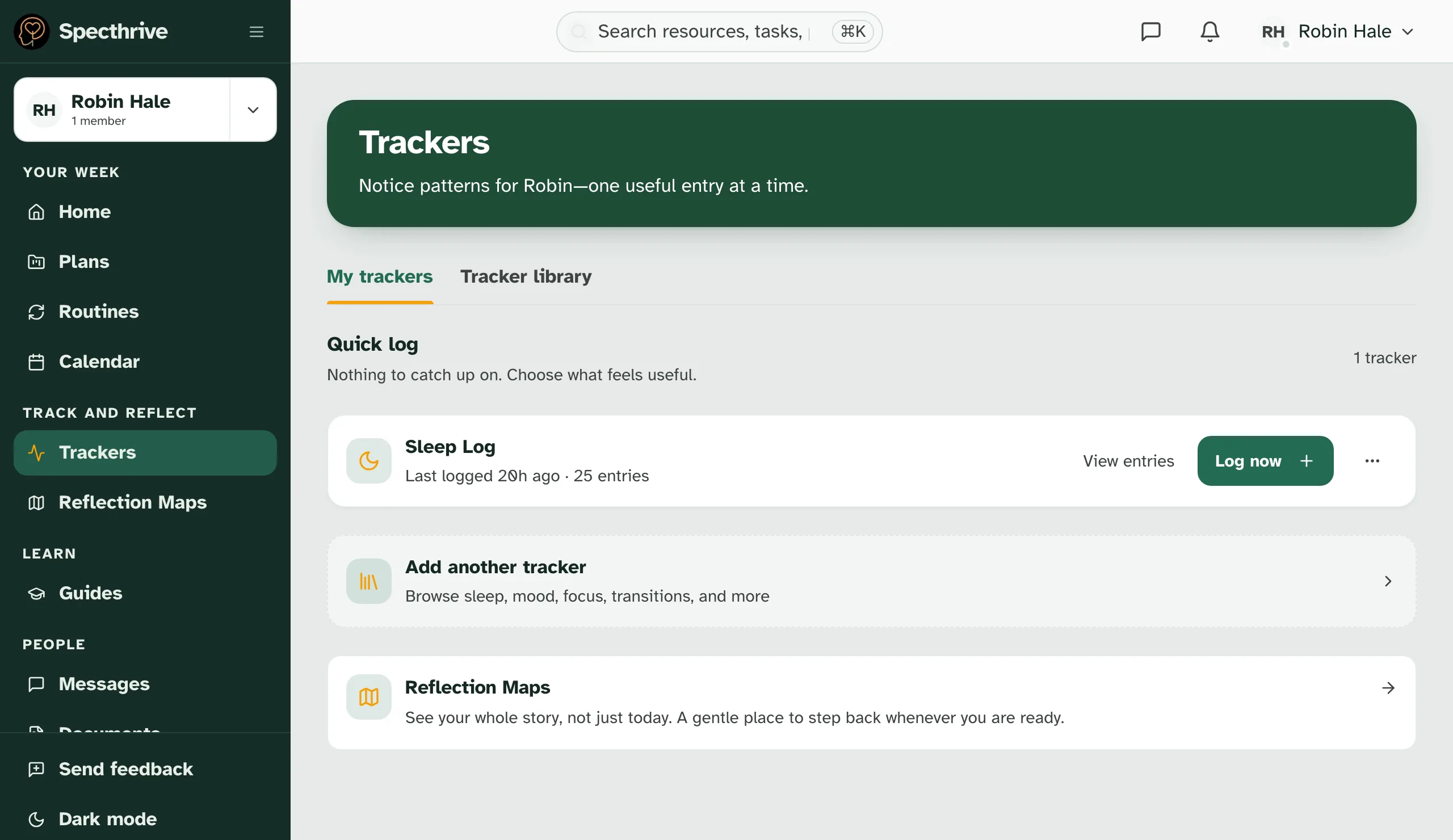 Trackers on a computer: Quick log says nothing to catch up on, with the Sleep Log ready to log and Reflection Maps below