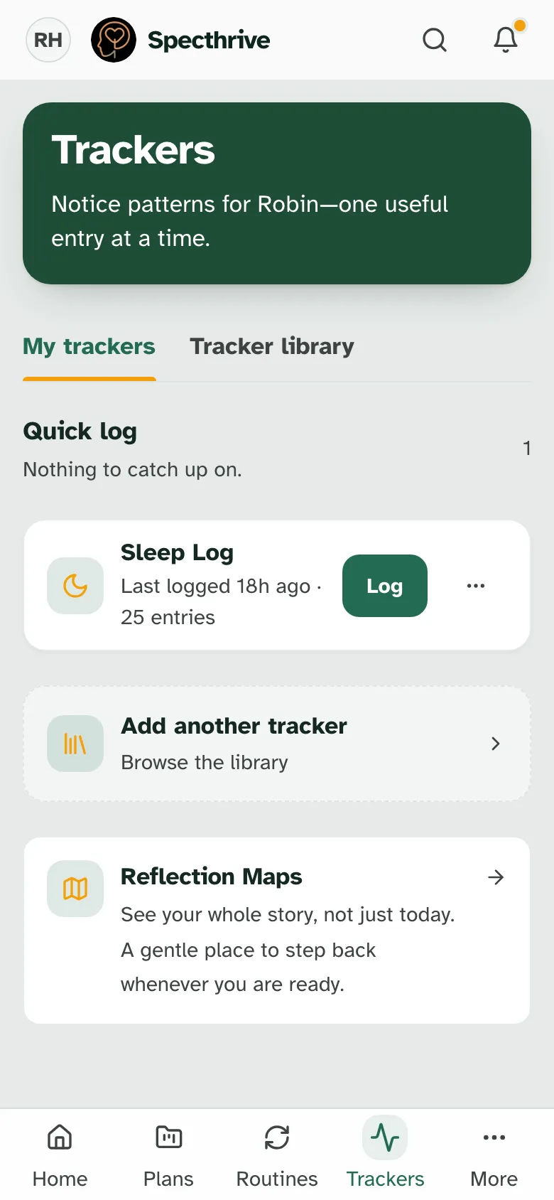 Trackers on a phone: Quick log says nothing to catch up on, with the Sleep Log ready to log